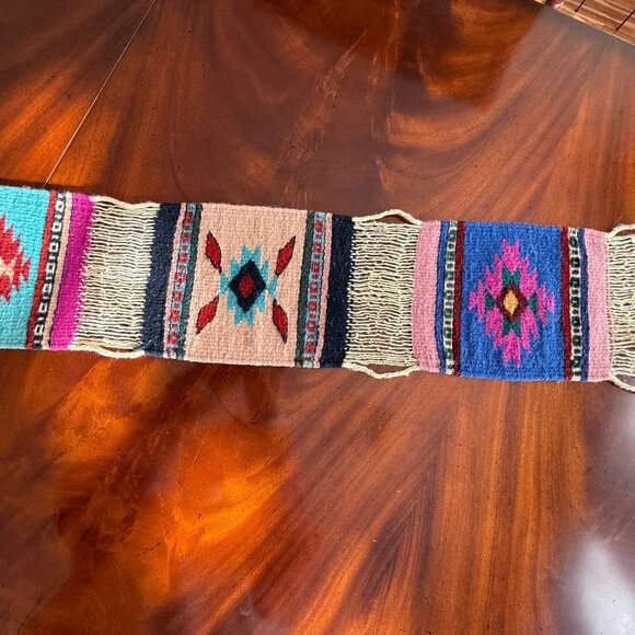 Zapotec 7 Panel Table Runner Mexican 79 "x 7"  Wool Hand Woven Folk Art Fringe - Picture 6 of 16